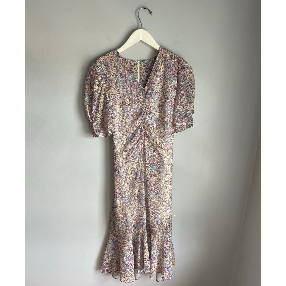 Pink Floral Print Puff Sleeve Midi Dress Lined Cottagecore Prairie Womens XS